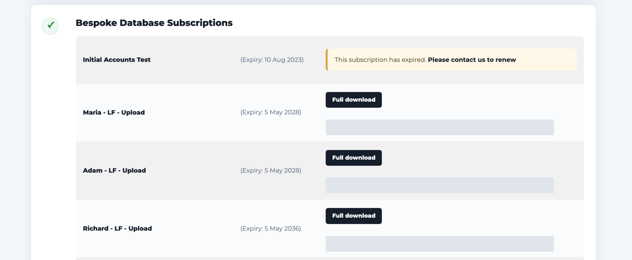 Download controls for bespoke database subscriptions.