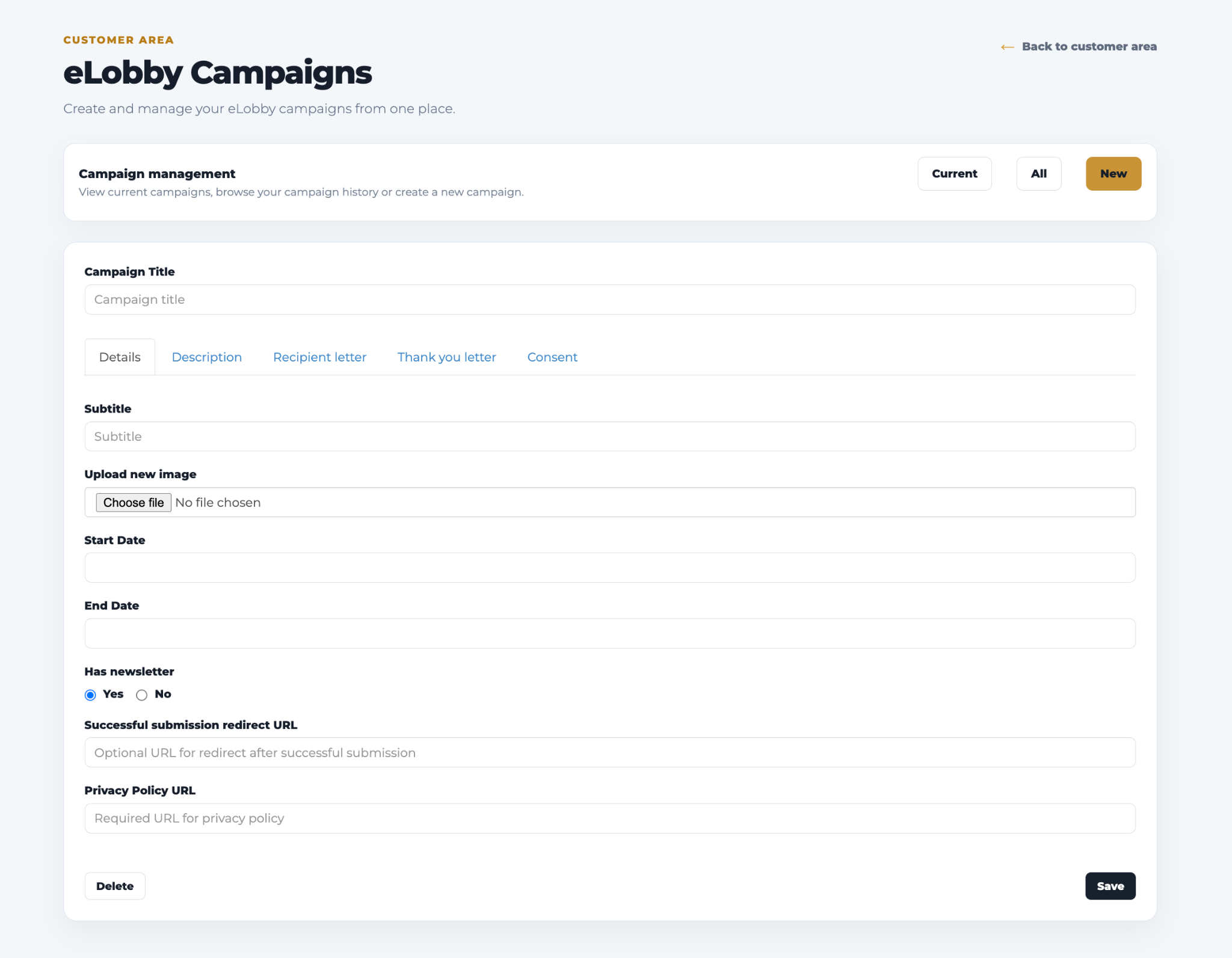 Campaign details, including title, newsletter option and privacy-policy link.