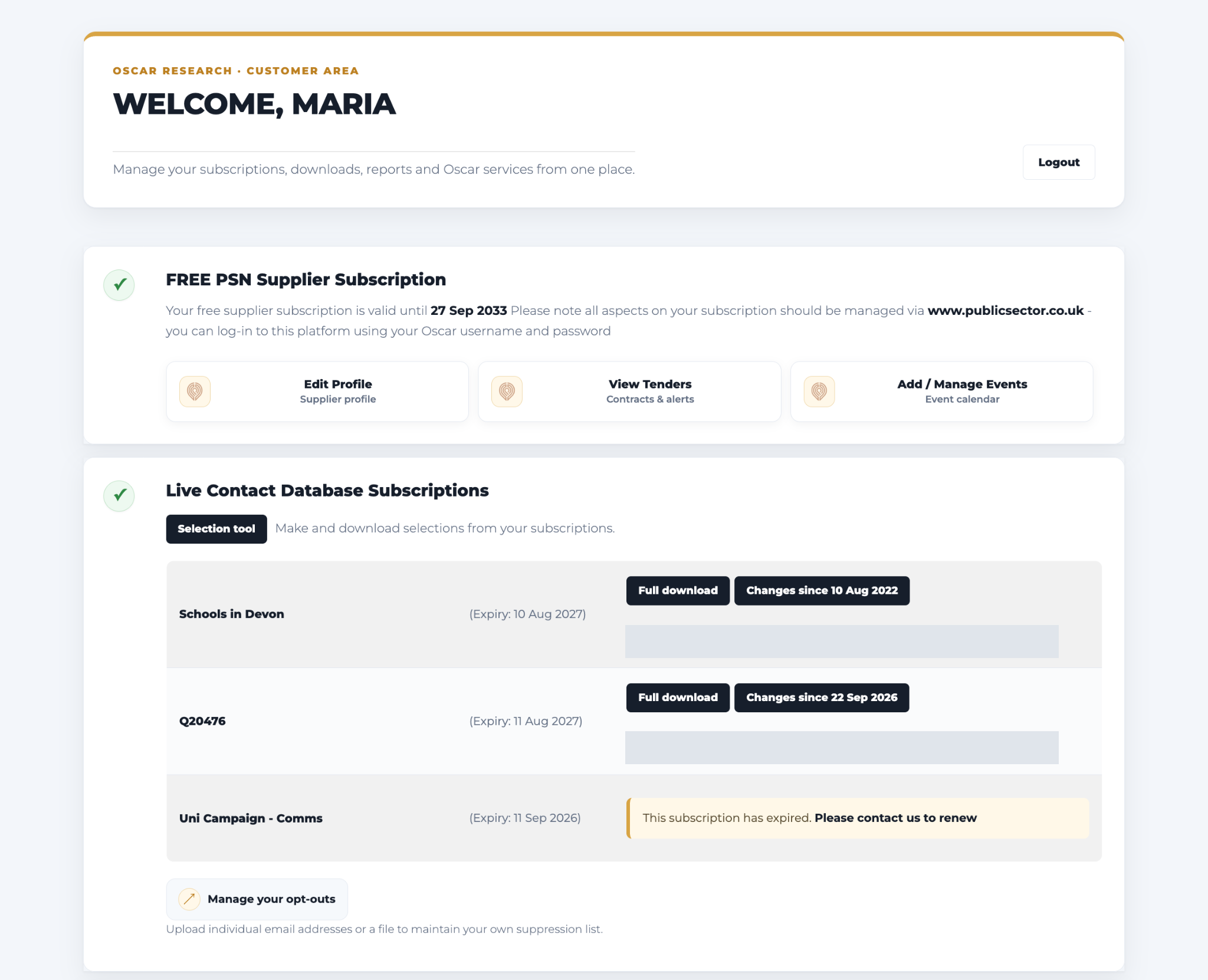 The Customer Area showing Selection tool, Full download, Changes since and the API URL location.
