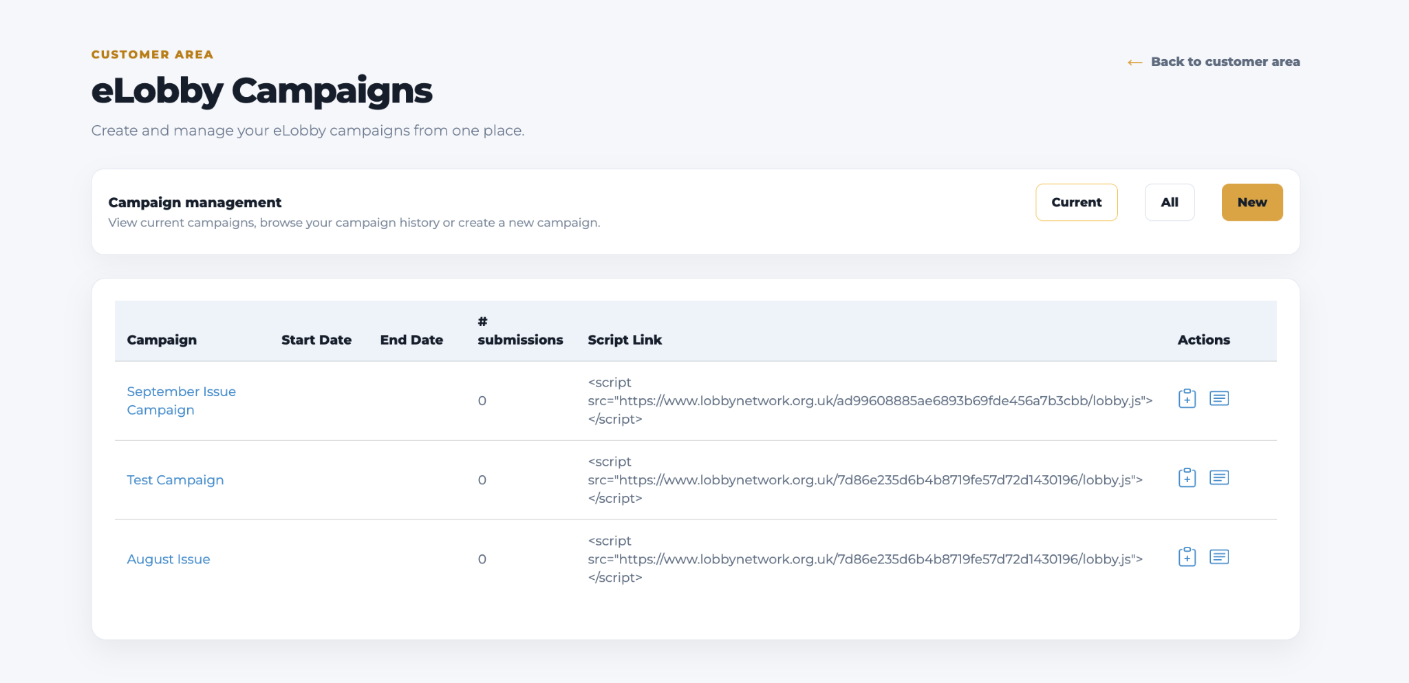 eLobby campaign management dashboard showing current campaigns and campaign controls