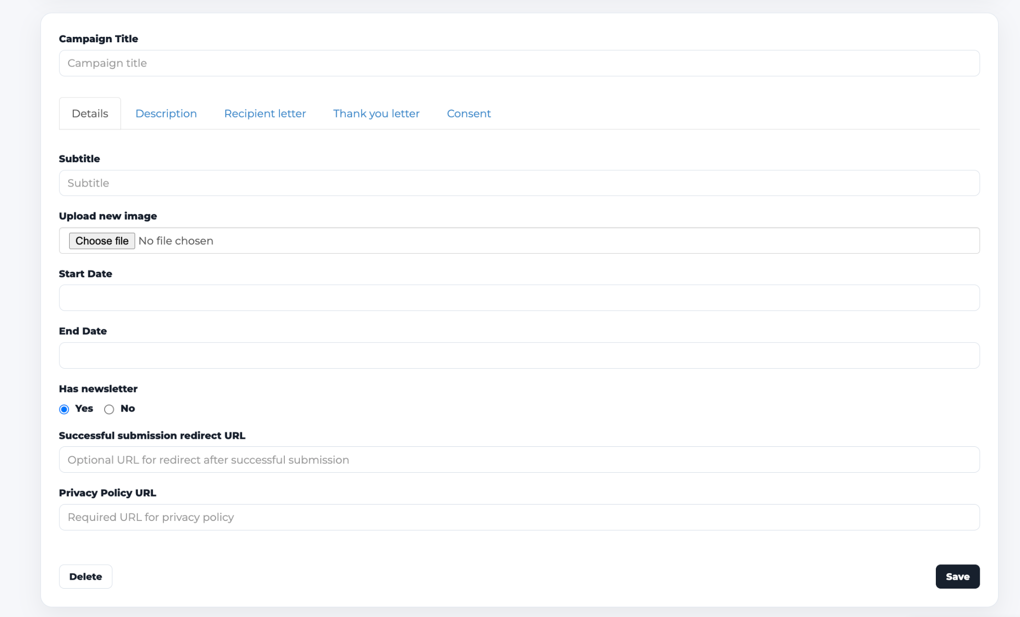eLobby campaign setup interface with content, recipient, consent and campaign settings