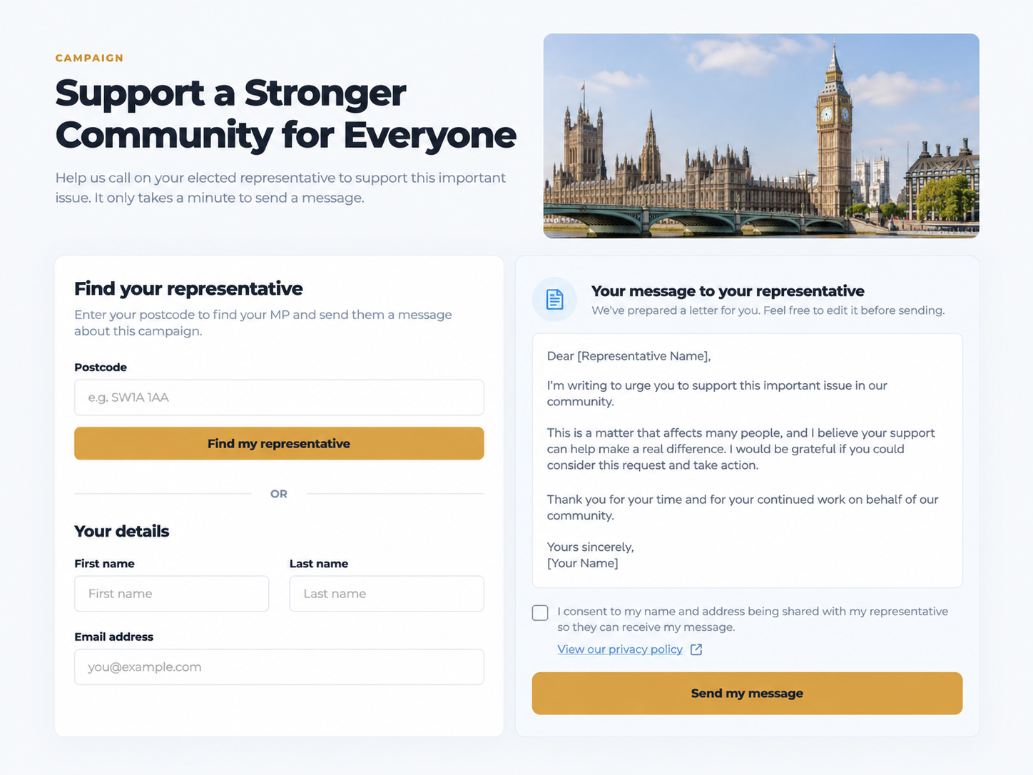 Example public-facing eLobby campaign with postcode-led supporter participation