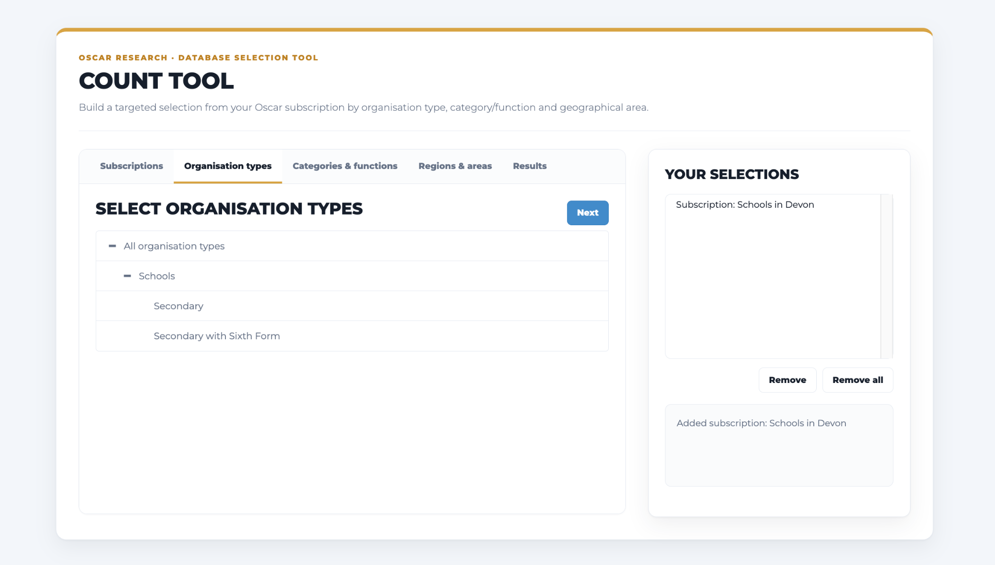 Step 2: select organisation types. Expand groups with the + control.