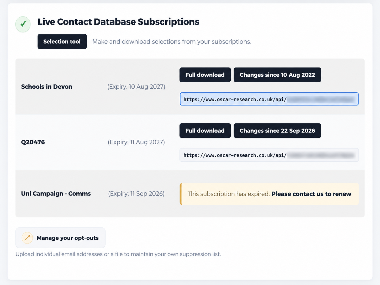 Oscar Customer Area showing subscription download buttons and the customer-specific API URL