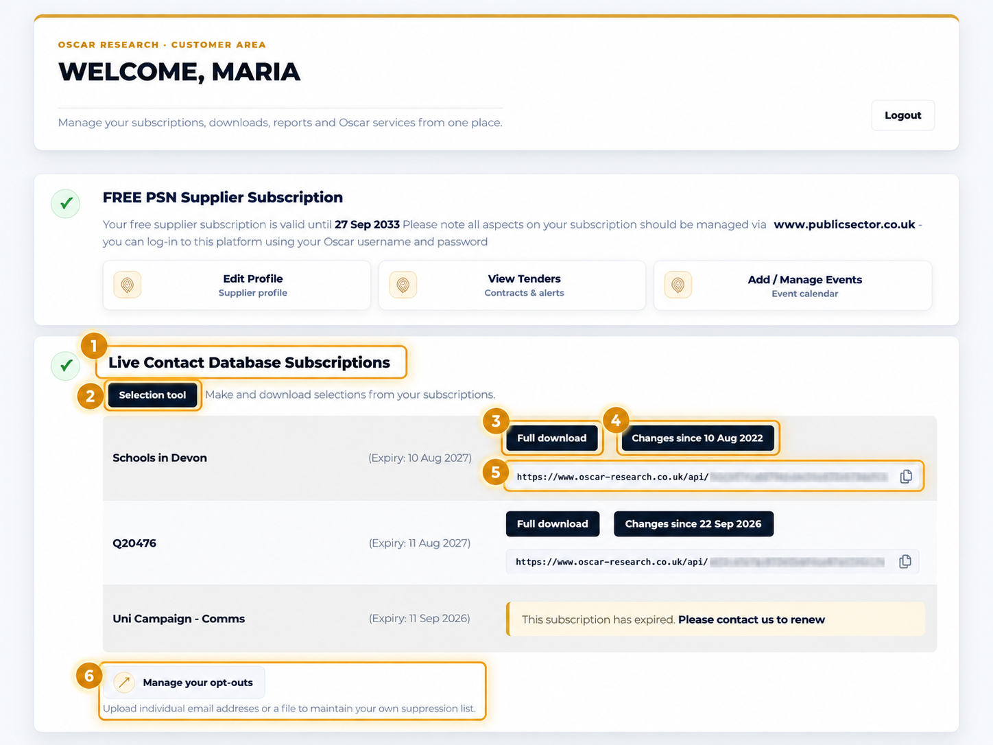 Oscar Customer Area showing the Selection Tool, Full Download, Changes Since and API access options