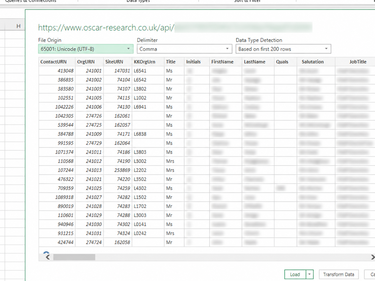 Microsoft Excel data preview showing Oscar data before loading
