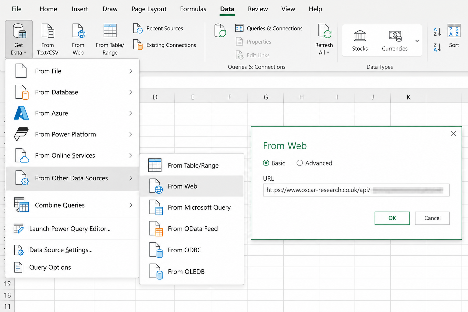 Microsoft Excel Data menu showing the From Web data import route