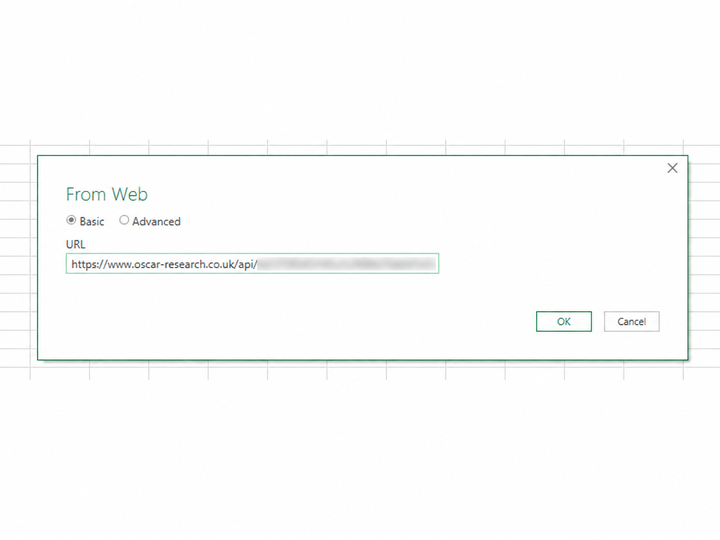 Microsoft Excel From Web dialogue with an Oscar Research API URL