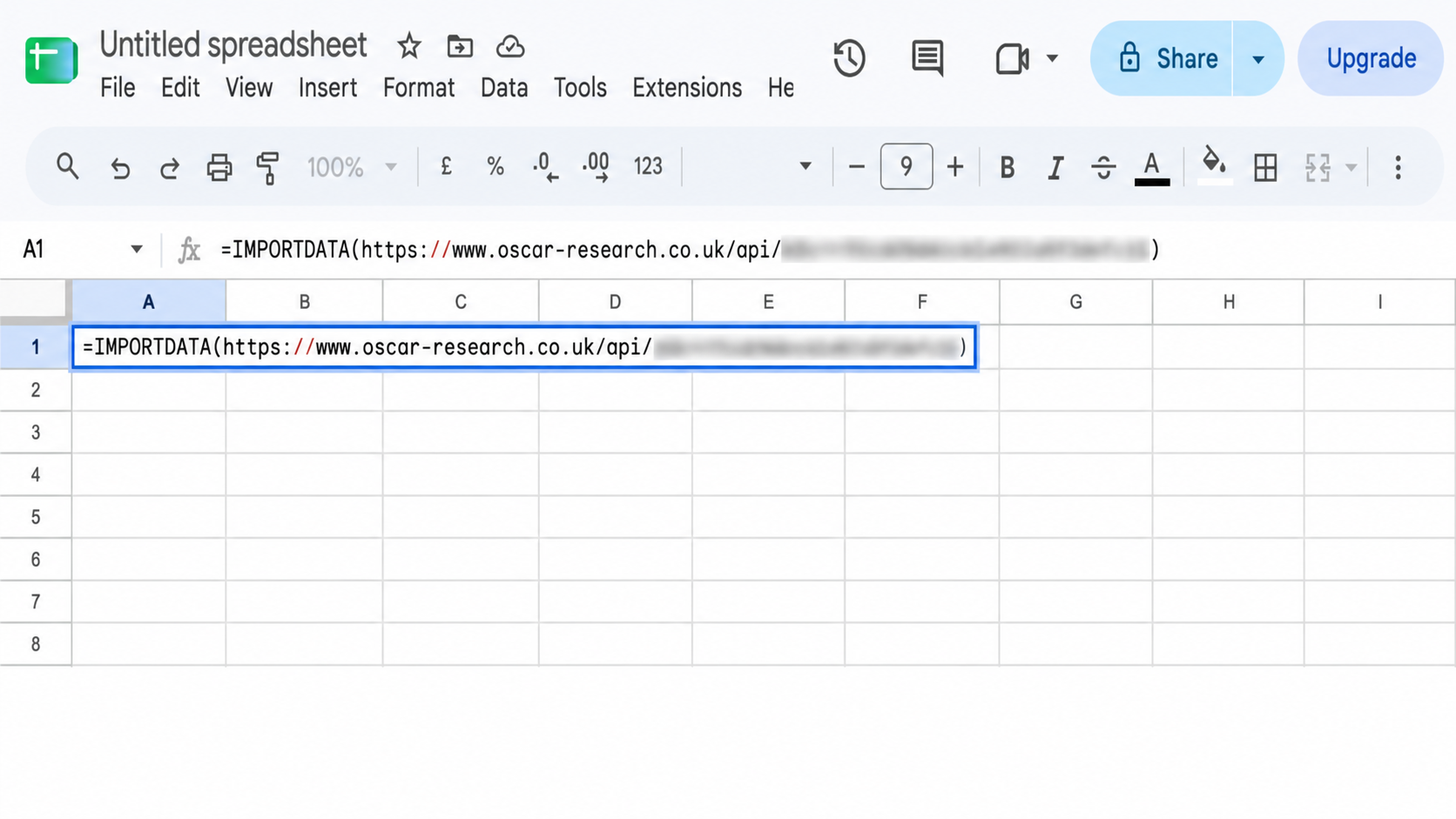 Google Sheets showing an IMPORTDATA formula connected to Oscar Research