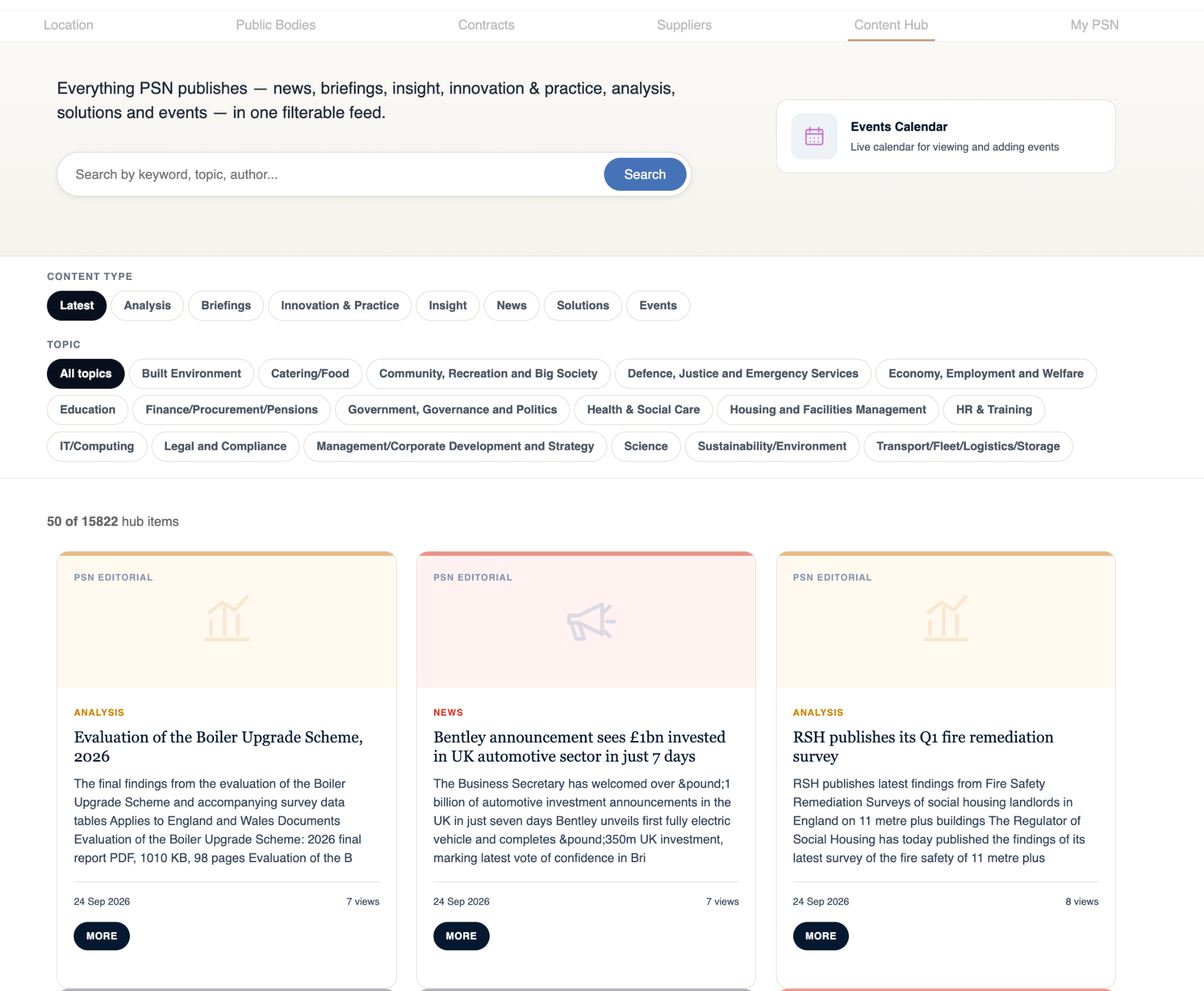 PSN Content Hub showing searchable public sector news, analysis, briefings and events