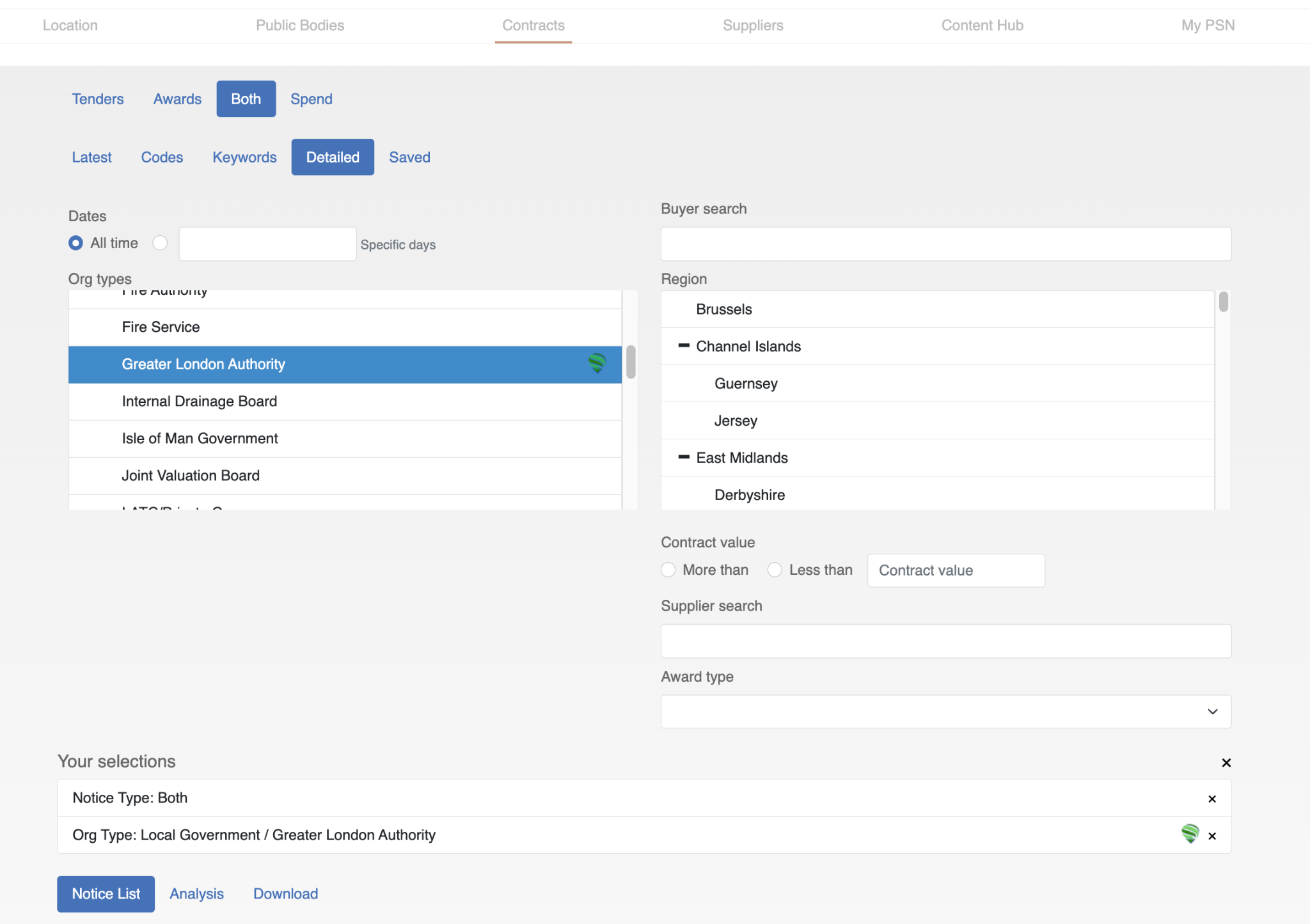 PSN Contracts interface showing tender, award, spend and buyer filters