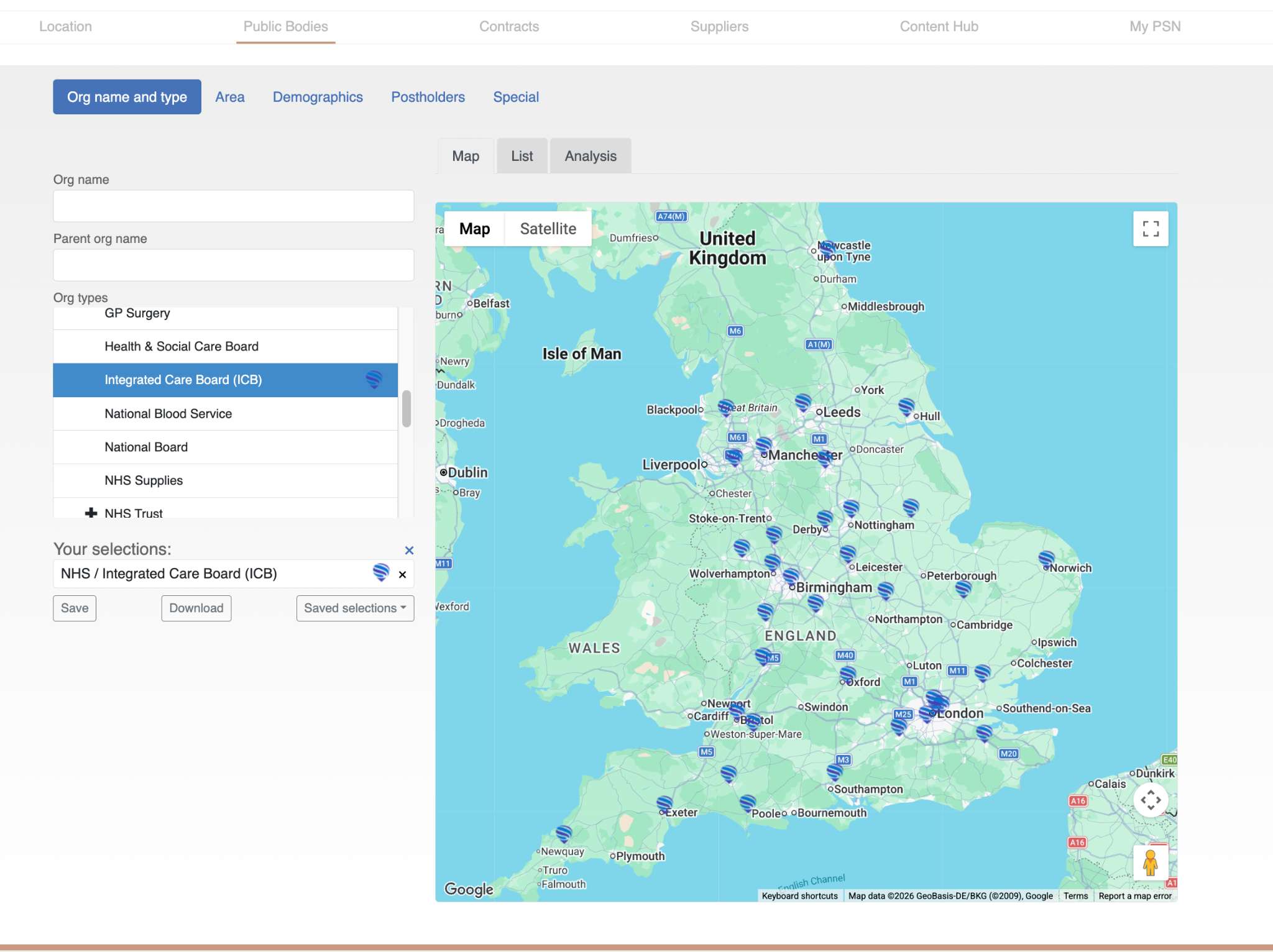 PSN Public Bodies interface showing organisation filters and UK map view