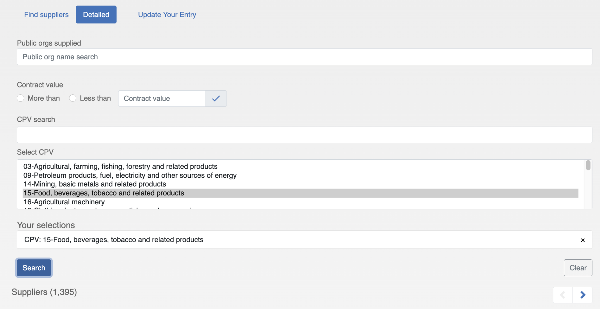 PSN Suppliers interface showing supplier and CPV search tools