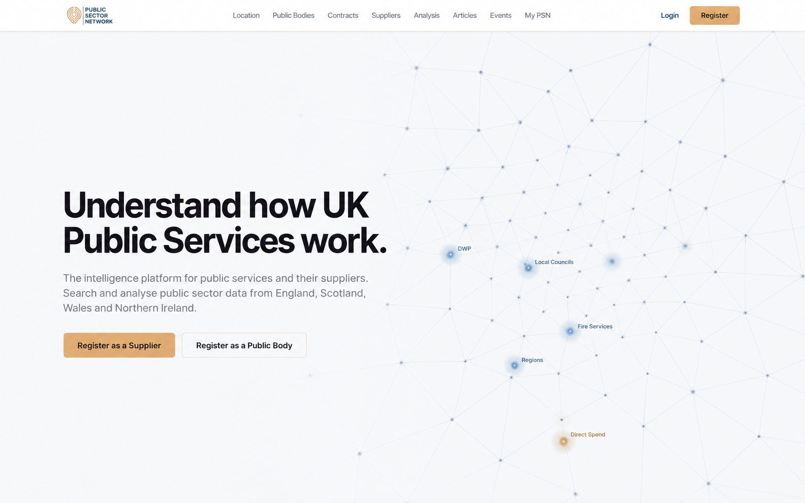 Public Sector Network platform homepage and navigation