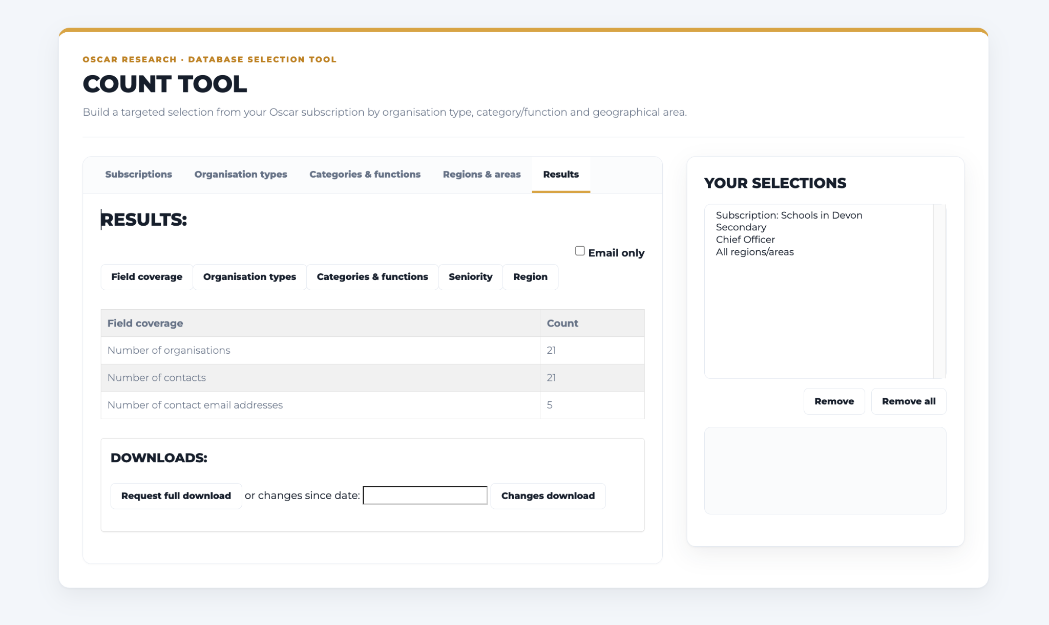 Step 5: check counts, optionally select Email only, then request a full or changes download.